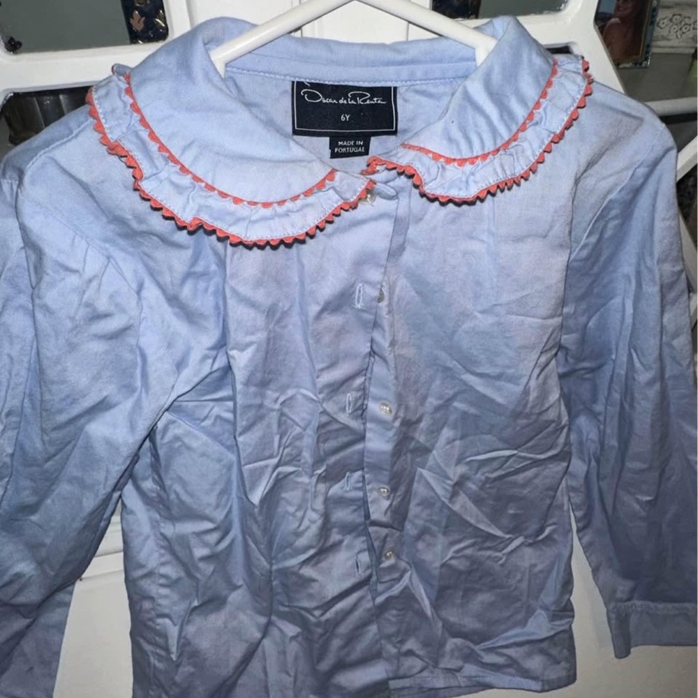 Oscar de la Renta Blue Blouse with Pink ric rac trim size 6 girls
